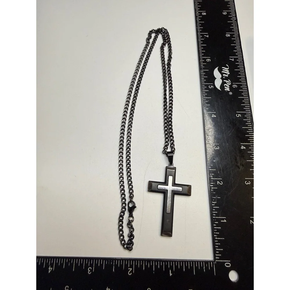 Mens Stainless Steel Two Tone Cross Pendant Necklace Black Silver Curb Chain 24